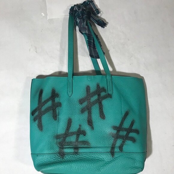 Cole Haan Genuine Leather Satchel Handbag Green Upcycled Tote Hash Tag - Picture 2 of 6